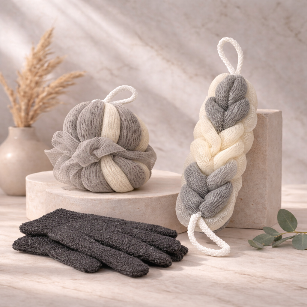 Body Exfoliation Set – Loofas & Gloves (Grey & White)