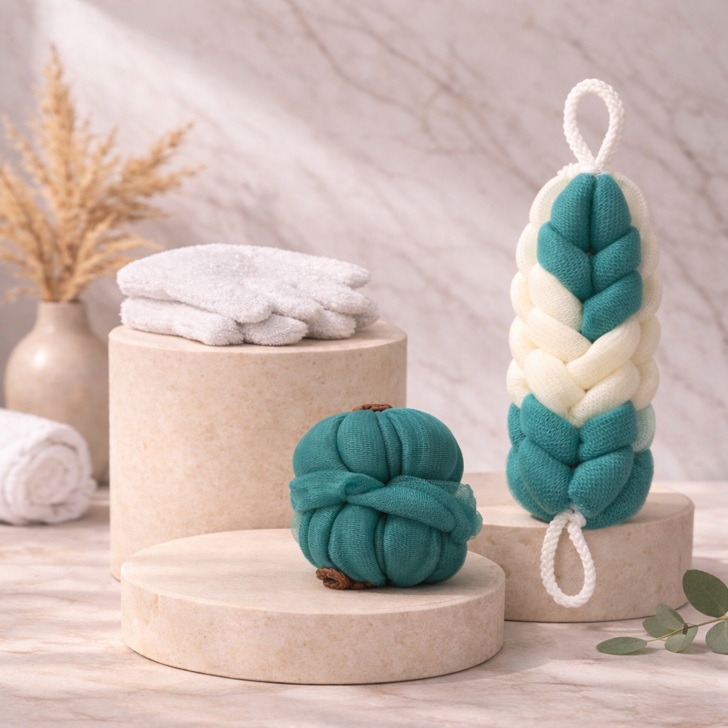 Body Exfoliation Set – Loofas & Gloves (Teal & White)