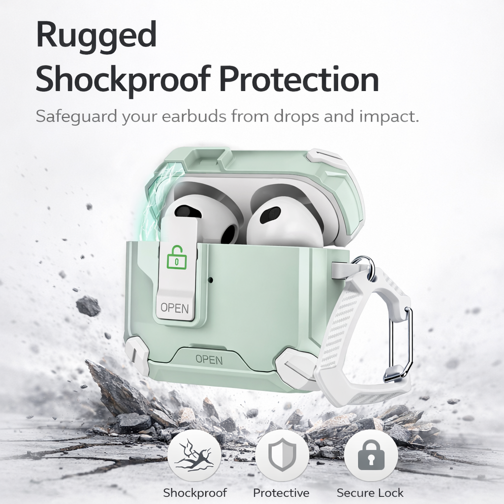 Locking AirPods Case - White Mint Green
