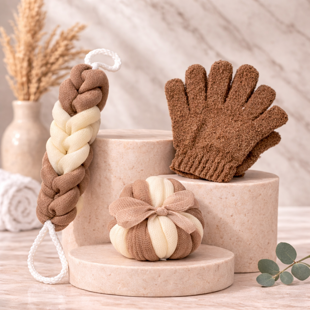 Body Exfoliation Set – Loofas & Gloves (Brown & White)