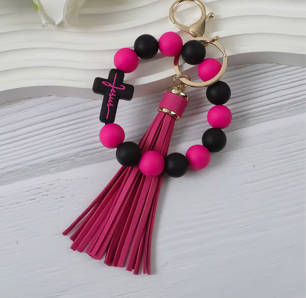 Cross Beads Bracelet Wrist Keychain