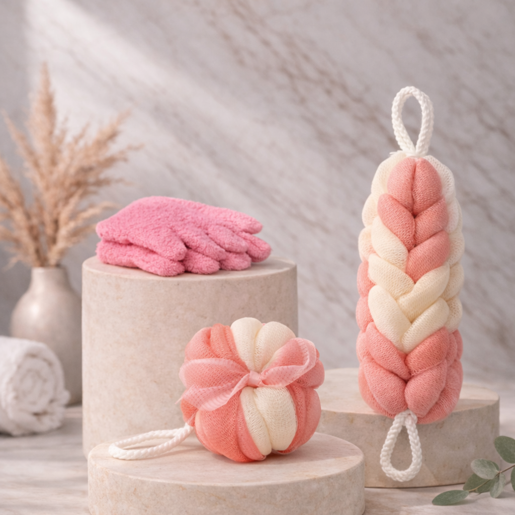 Body Exfoliation Set – Loofas & Gloves (Pink & White)