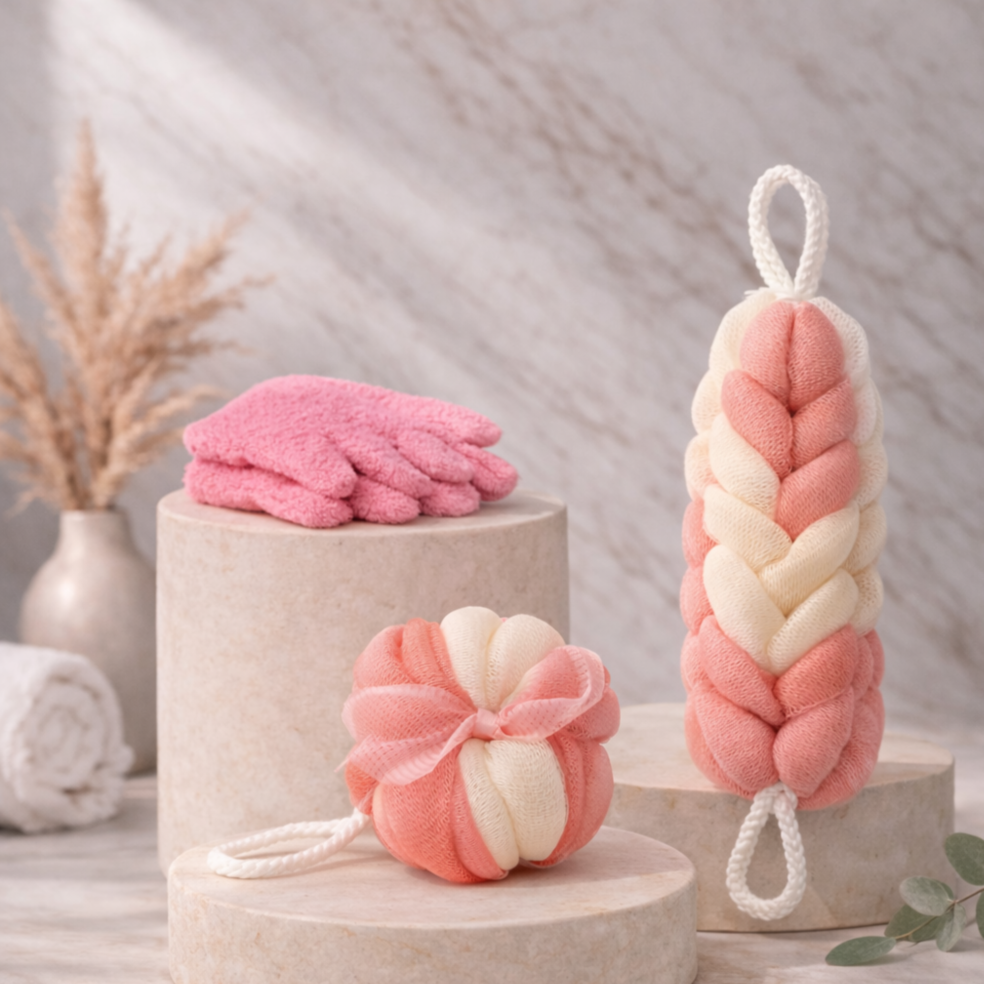 Body Exfoliation Set – Loofas & Gloves (Pink & White)