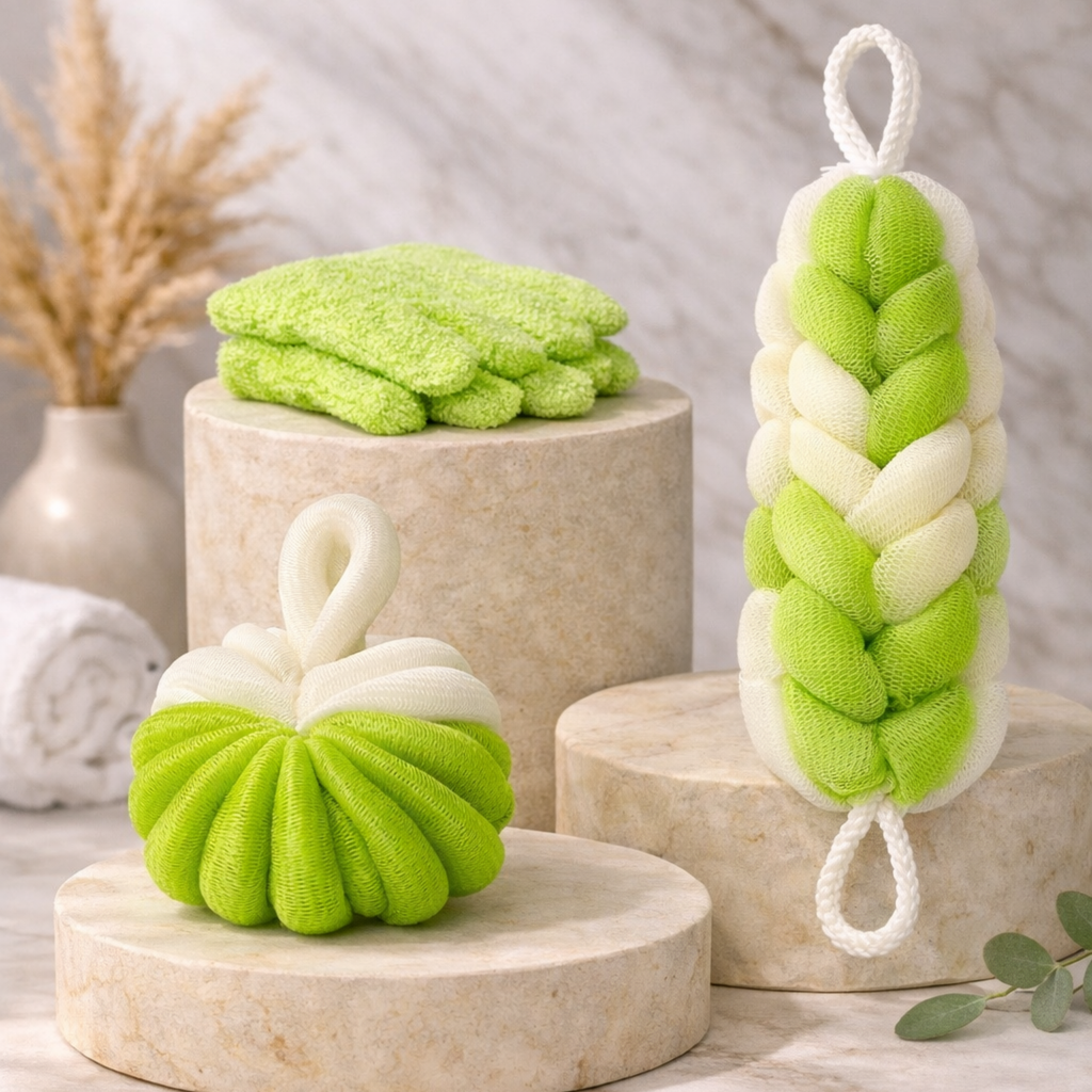 Body Exfoliation Set – Loofas & Gloves (Lime Green & White)
