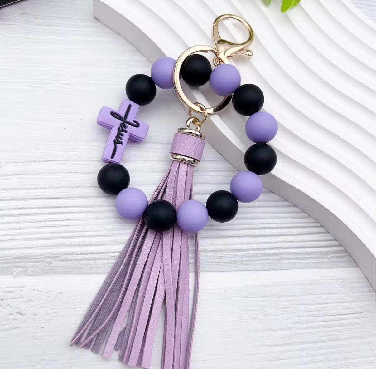 Cross Beads Bracelet Wrist Keychain