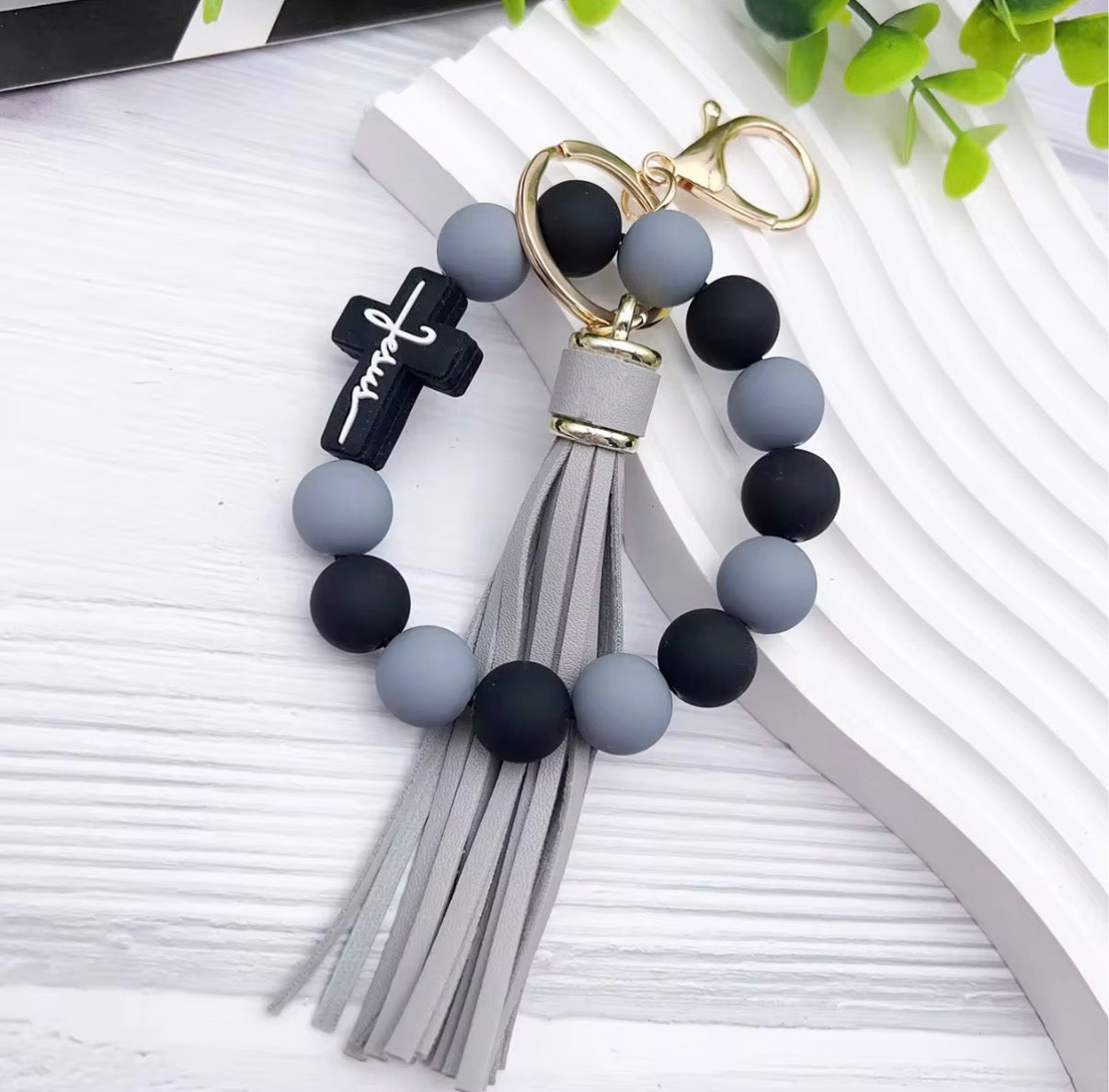 Cross Beads Bracelet Wrist Keychain