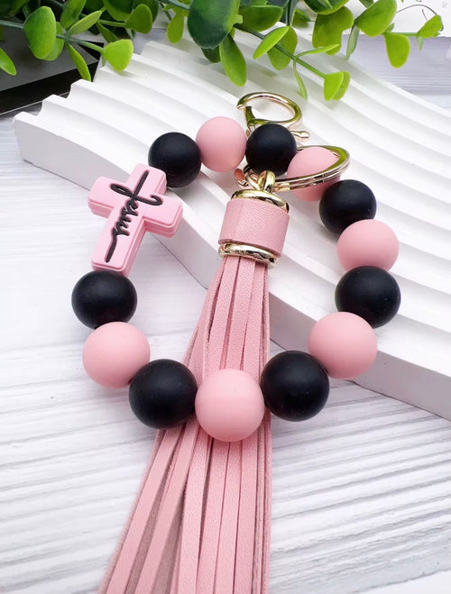 Cross Beads Bracelet Wrist Keychain