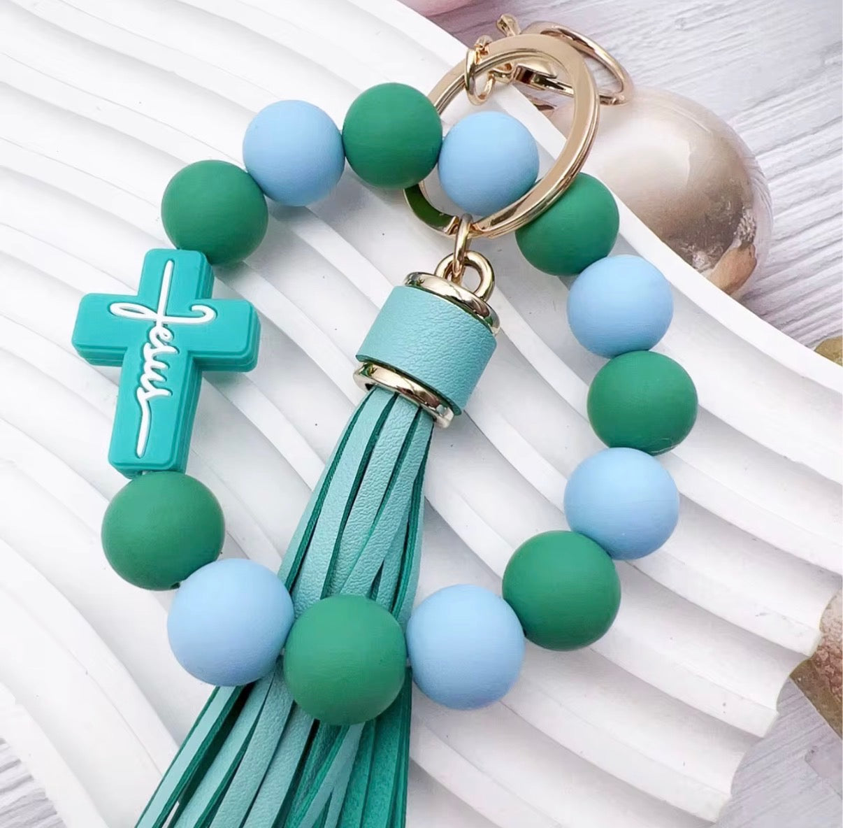 Cross Beads Bracelet Wrist Keychain