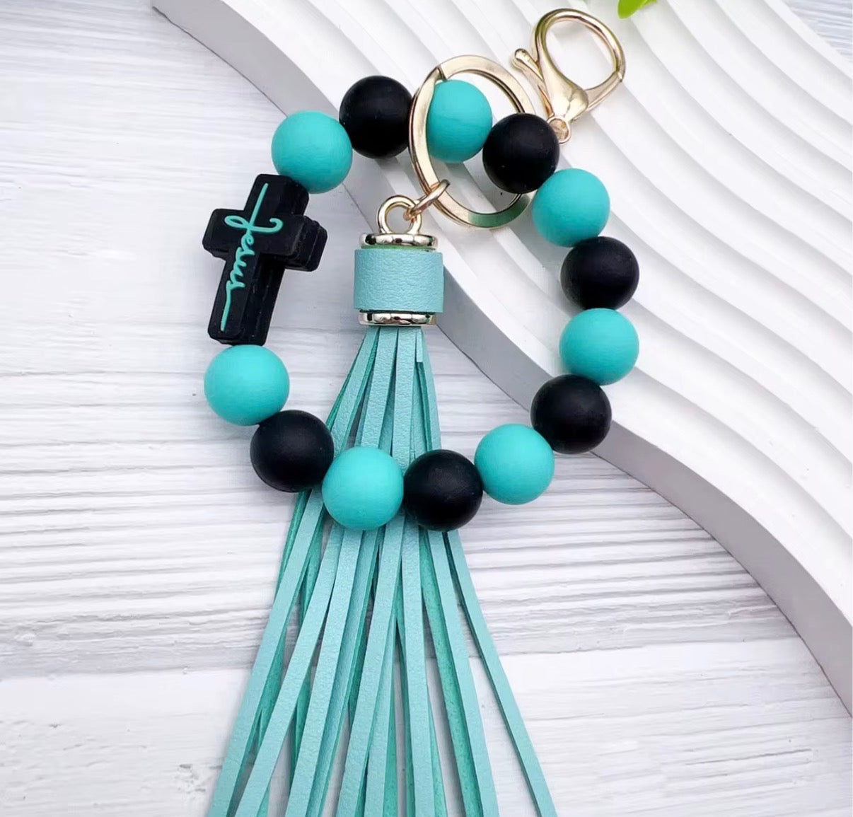 Cross Beads Bracelet Wrist Keychain