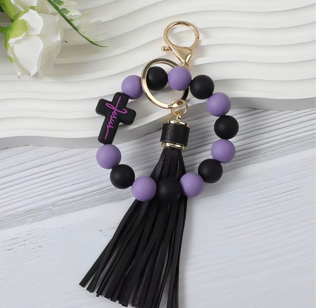 Cross Beads Bracelet Wrist Keychain